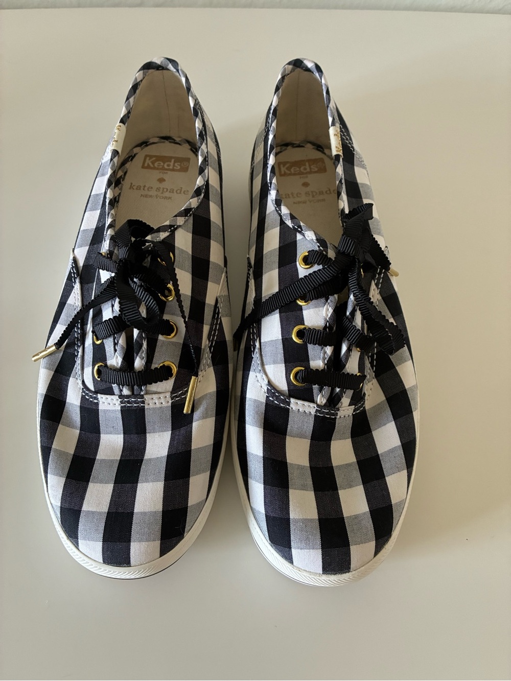Keds x Kate Spade Gingham Check Ribbon Sneakers Black White 6.5